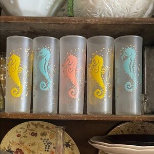 Vintage Federal Glass frosted Tom Collins glasses. Colorful Seahorse Glass Set 5